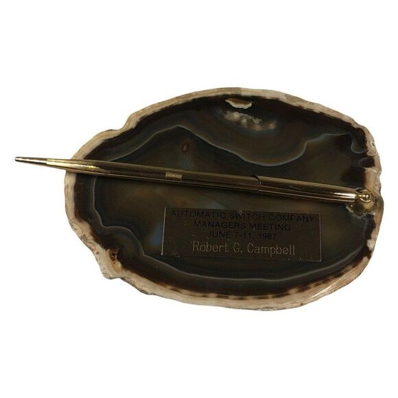 Vintage Geode Slice Gold Plated Pen Holder Customized Plate (can remove) Desk - Picture 1 of 6